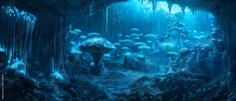 Enchanting underwater cave with bioluminescent mushrooms glowing in the dark, creating a magical, otherworldly atmosphere.