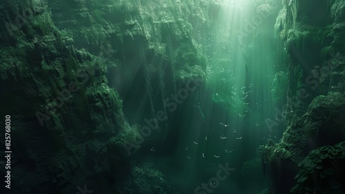 Majestic underwater canyon bathed in sunlight, with steep walls and rich marine life creating a serene, otherworldly atmosphere.