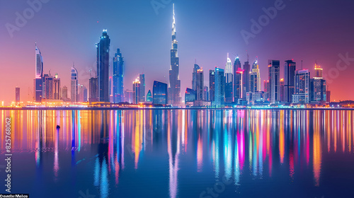 The beautiful skyline of Dubai City at night in the United States, generative AI