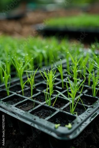Agriculture : Rice seedlings freshly sprouted arranged neatly in the seeding tray
