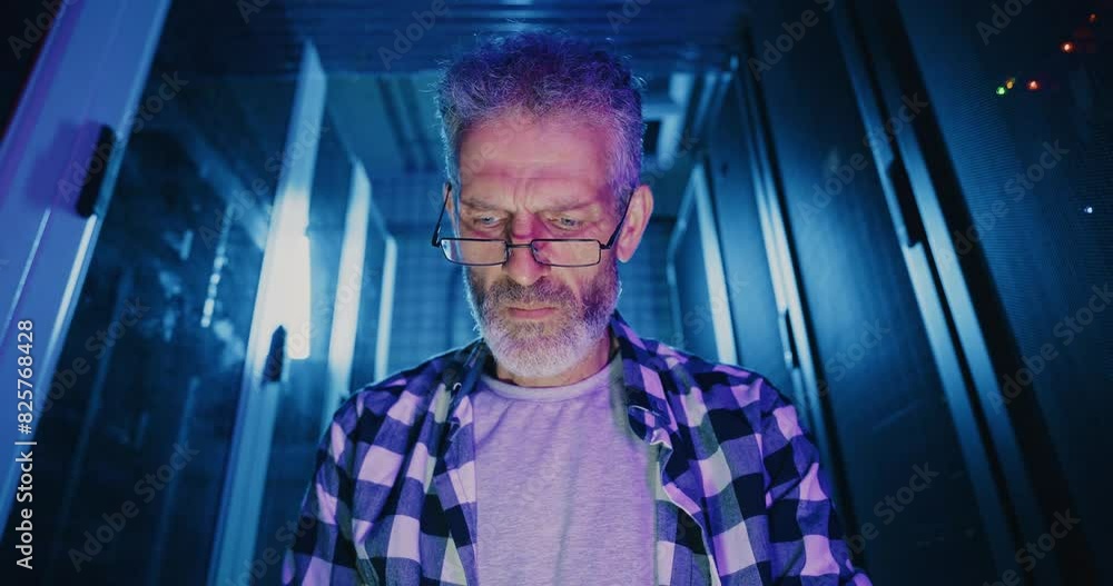 Man With Glasses Analyzing Computer Screen Man With Glasses Analyzing Computer Screen