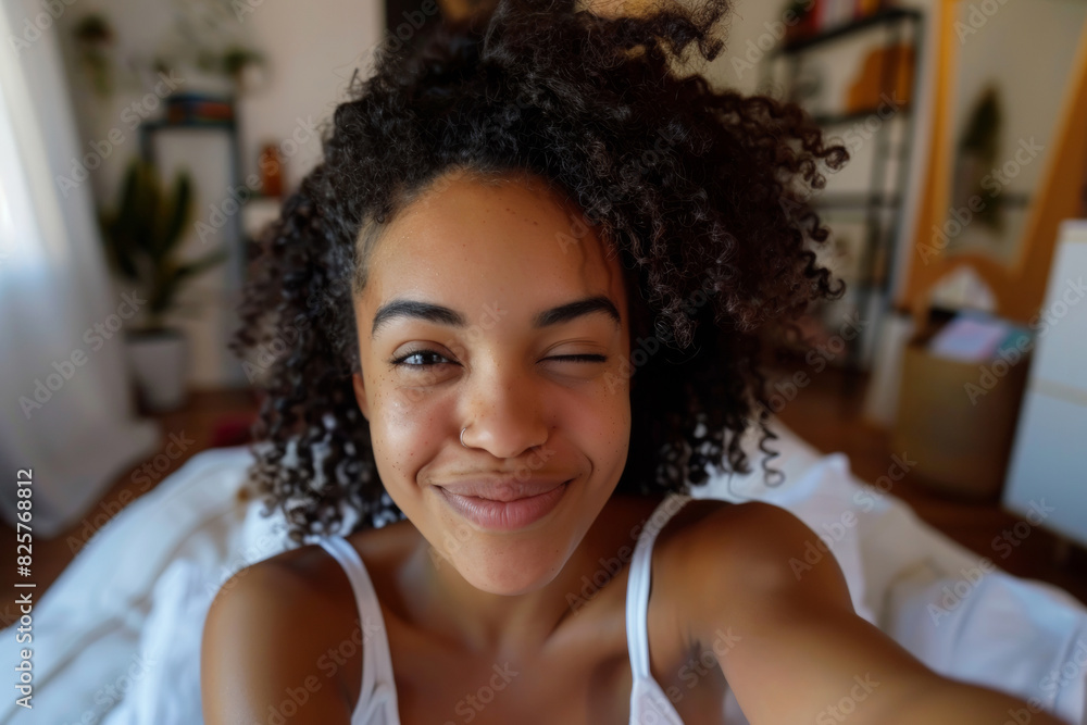 Realistic phone selfie made by beautiful african american winking smiling girl at home without filters Realistic phone selfie made by beautiful african american winking smiling girl at home without filters