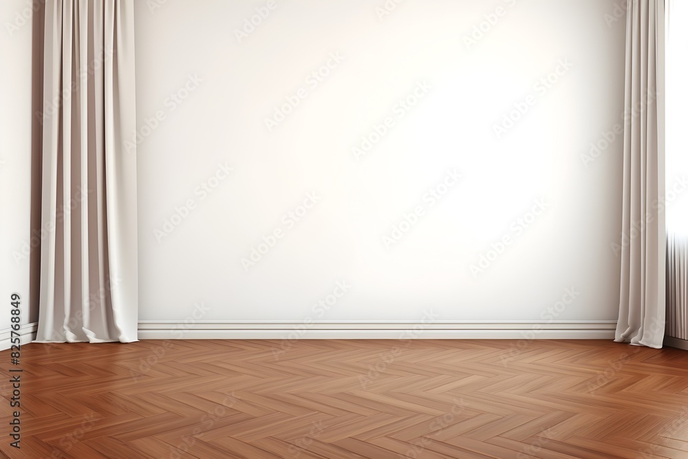 Elegant White Room with Brown Curtain and Wood Floor for Mockup and Photography Elegant White Room with Brown Curtain and Wood Floor for Mockup and Photography