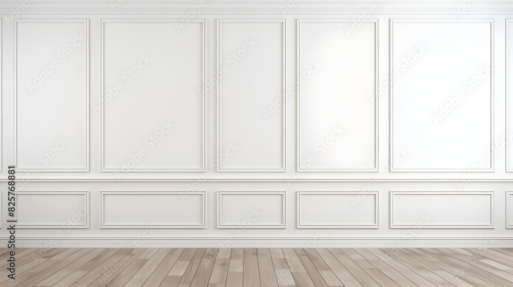Empty White-Paneled Room with Parquet Hardwood Floor - Elegant and Minimalist Interior Design Background Empty White-Paneled Room with Parquet Hardwood Floor - Elegant and Minimalist Interior Design Background