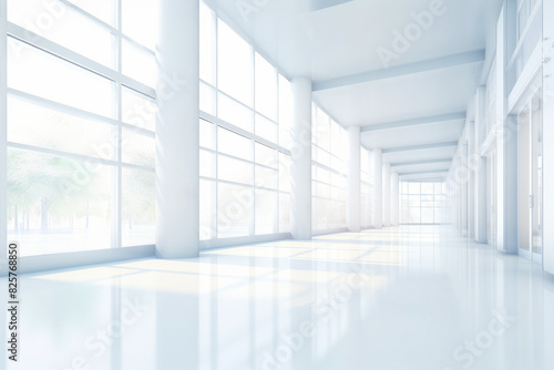 White room with large windows and white floor with white floor.