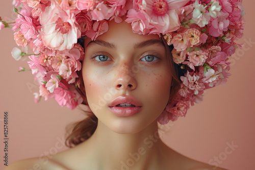 Portrait of a girl with flowers on her head. Created with Ai