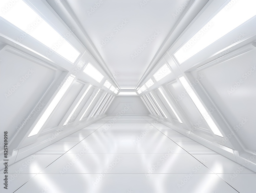 Futuristic Sci-Fi 3D Rendering of Empty Long Light Corridor with White Background and Geometric Triangle Tunnel Design Futuristic Sci-Fi 3D Rendering of Empty Long Light Corridor with White Background and Geometric Triangle Tunnel Design
