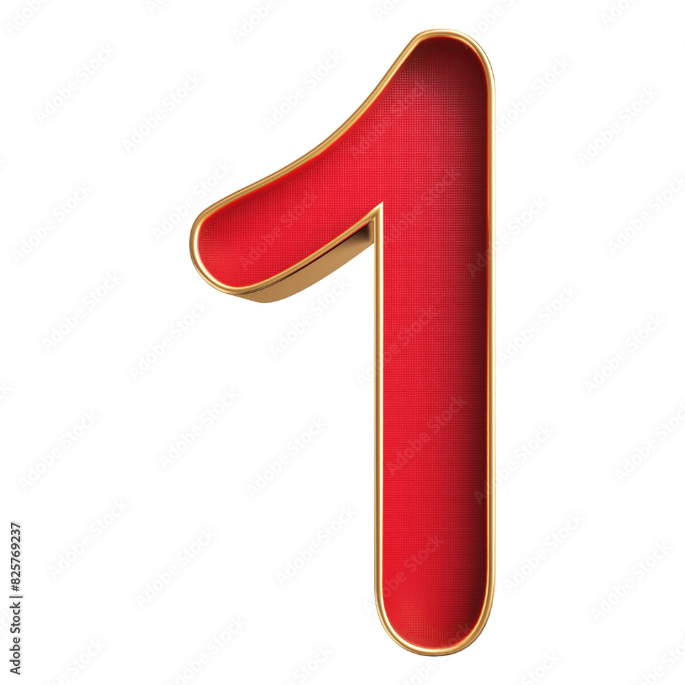 Number 1 . 3D render red number with golden outline Number 1 . 3D render red number with golden outline