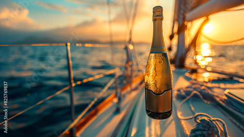 There is an open bottle of champagne and a champagne glass on a table on a boat. photo
