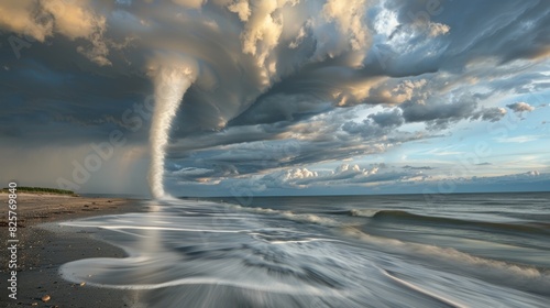 A peaceful beach scene transformed in an instant as a waterspout descends from the sky with alarming speed. photo