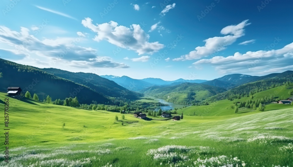 Fototapeta premium A stunning spring day landscaping views of fertile land surrounded beautiful green vegetation, wide stretches of hills and mountains with clear skies in spring