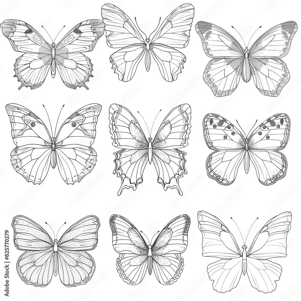 Fototapeta premium Butterfly continuous line drawing elements set isolated on white background, butterflies design, butterfly drawing