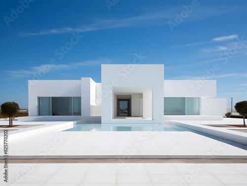 Sleek Minimalist White Villa with Stark Architectural Geometry and Serene Pool Reflection © yelosole