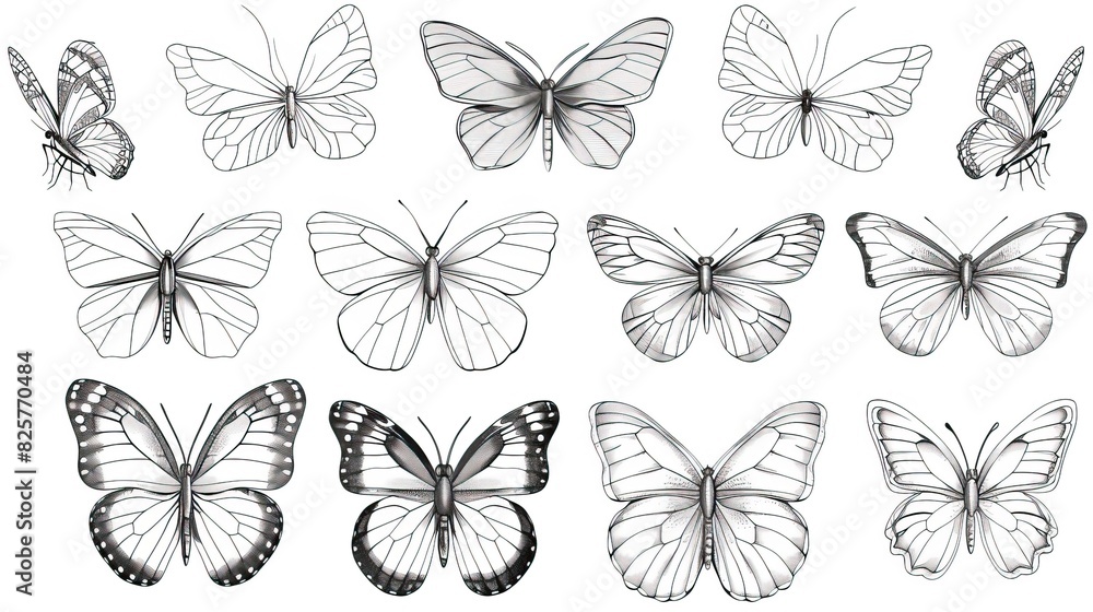 Obraz premium Butterfly continuous line drawing elements set isolated on white background, butterflies design, butterfly drawing