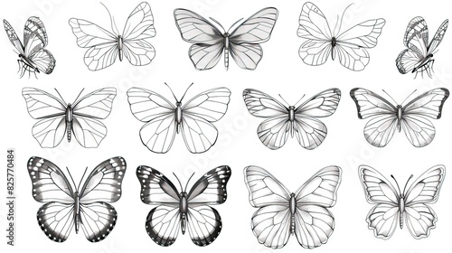 Butterfly continuous line drawing elements set isolated on white background, butterflies design, butterfly drawing