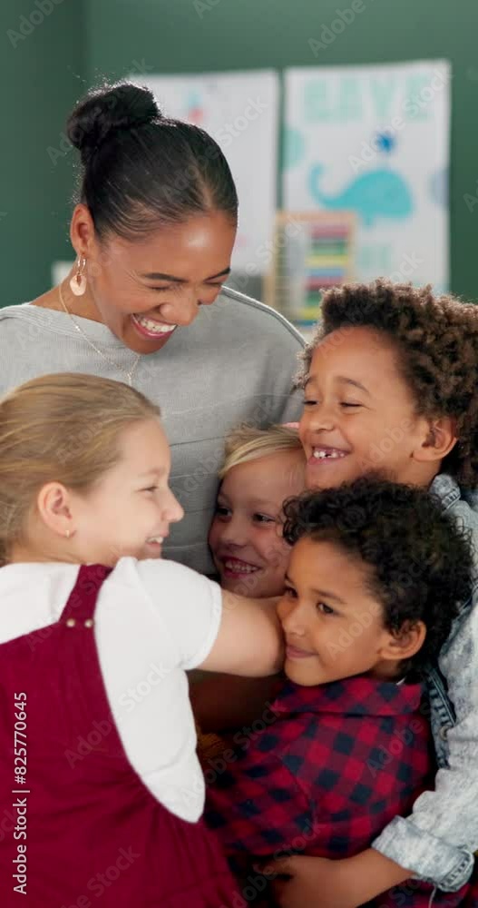 Happy woman, teacher and hug with young students for childhood development, learning or education at school. Female person or educator with smile for embrace, children or love in elementary classroom Happy woman, teacher and hug with young students for childhood development, learning or education at school. Female person or educator with smile for embrace, children or love in elementary classroom