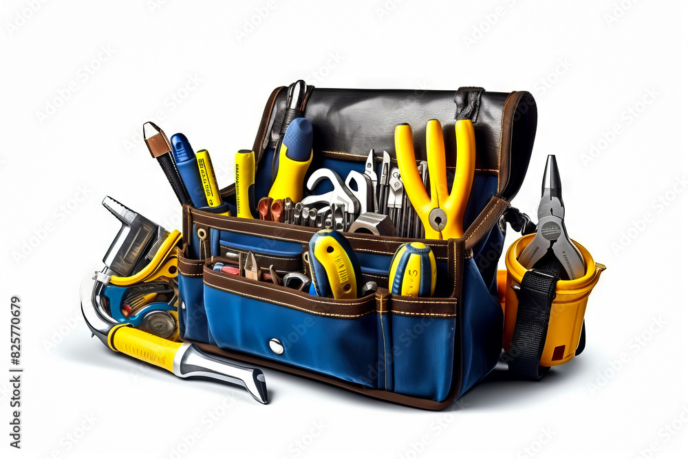 Tool bag filled with tools and tools on white background. Tool bag filled with tools and tools on white background.