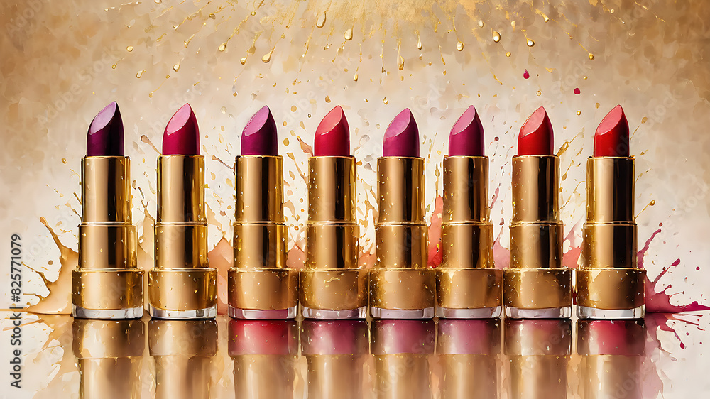 Obraz premium Mockup of a row of lipsticks on a gold background with splashes of flowers. presentation of cosmetics. illustration