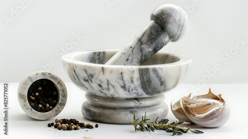 A stylish marble mortar and pestle set, perfect for grinding fresh herbs and spices with precision