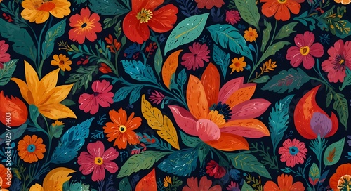 Abstract floral seamless pattern. Bright colors, gouache painting