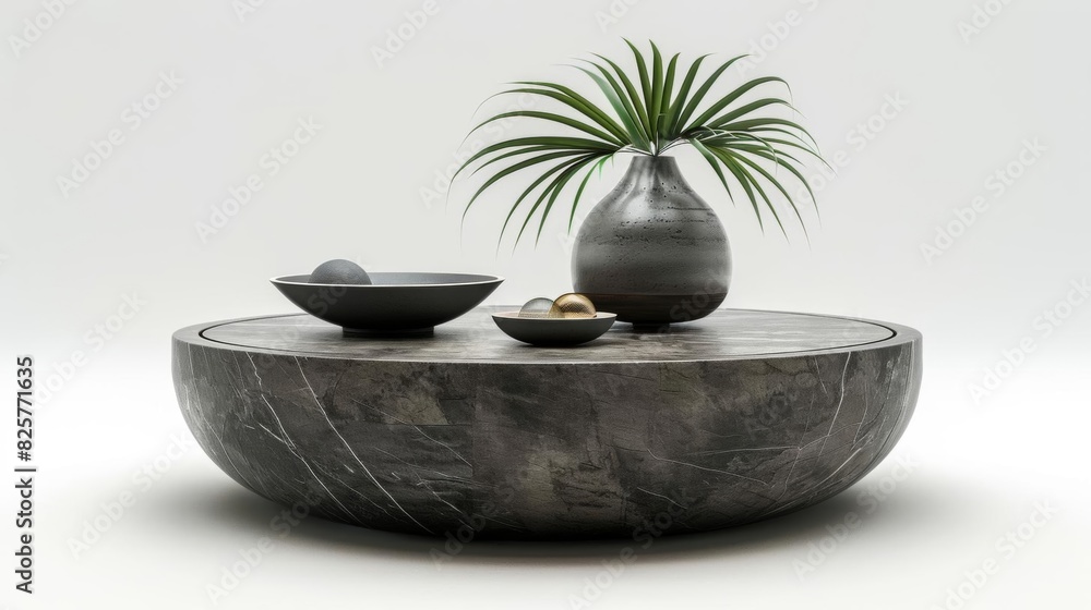 A dark marble coffee table with a ceramic vase of greenery and a bowl of decorative spheres. The table is set against a solid white background.