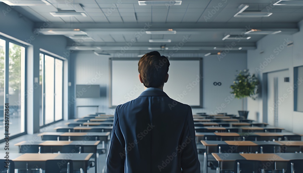 A smartly dressed student in an empty classroom. A smartly dressed student in an empty classroom.