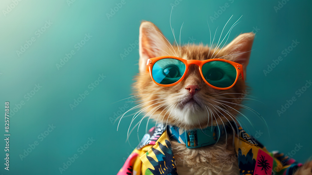 Cat wearing colorful clothes and sunglasses dancing  