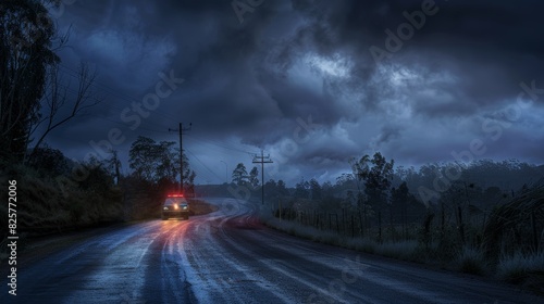 Dramatic upcountry road with police lights flashing, thick clouds rolling in, creating a sense of urgency photo
