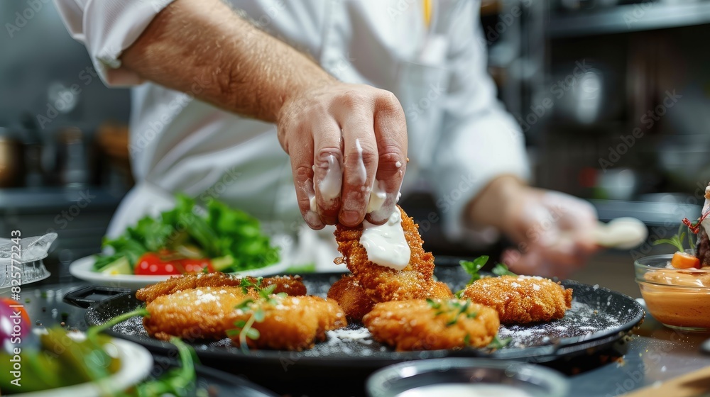 Preparing a tasty meal at a restaurant Chef topping fried cutlets with sour cream