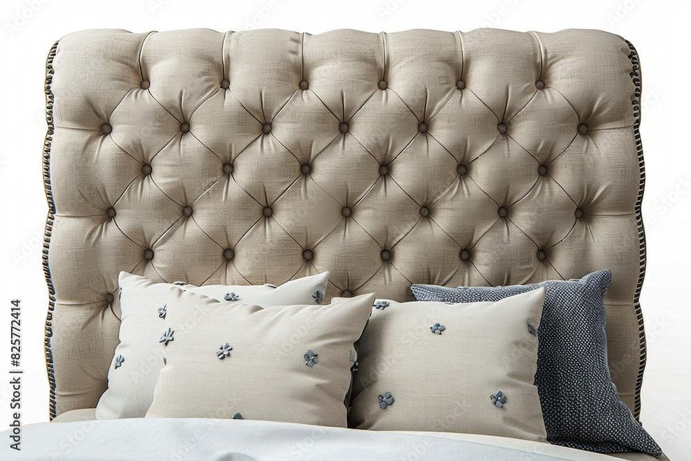 Obraz premium Generate an image of a luxurious tufted headboard. The headboard should be beige and have a diamond-tufted pattern. It should be shown in a bedroom setting with pillows and a bed.