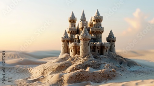 A three-dimensional rendering of a sandcastle standing in the desert photo