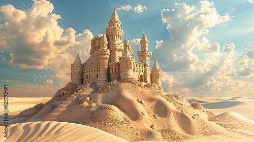 A three-dimensional rendering of a sandcastle standing in the desert