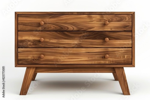 Design a minimal walnut credenza with 3 drawers and tapered legs. The credenza should be 36