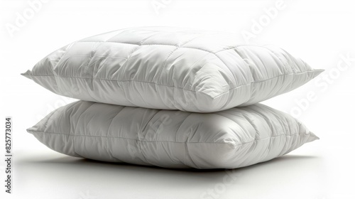 Two white pillows stacked on top of each other on a white background.