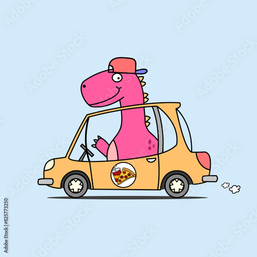 dinosaur pink cute drive car delivery food.vector and illustration.