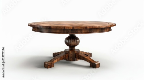 Generate a 3D rendering of a round wooden table with a pedestal base