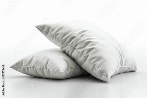 Generate an image of two white pillows on a white background. The pillows should be soft and fluffy  and the image should be well-lit.