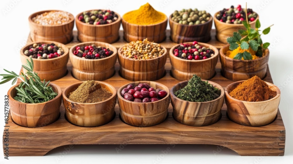Fototapeta premium A variety of spices in wooden bowls on a wooden tray.