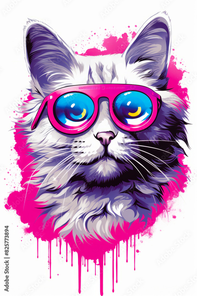 Cat wearing pink glasses with pink background and pink spot. Cat wearing pink glasses with pink background and pink spot.