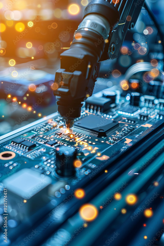 Circuit board with microchip on electronics manufacturing assembly line Circuit board with microchip on electronics manufacturing assembly line