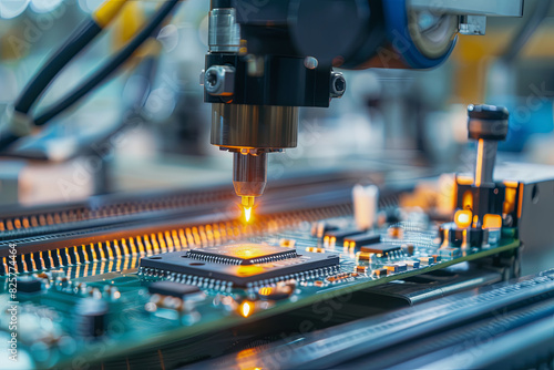 Circuit board with microchip on electronics manufacturing assembly line photo