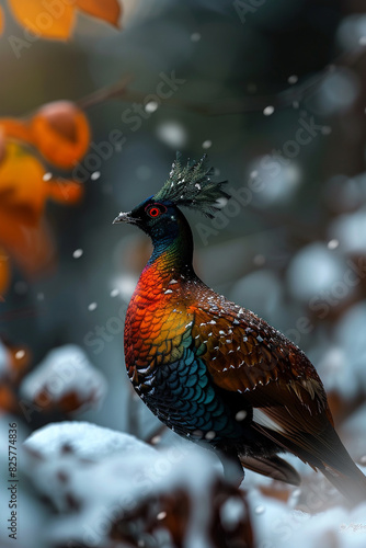 A vibrant bird with colorful plumage perched in a snowy winter landscape  surrounded by falling snow.