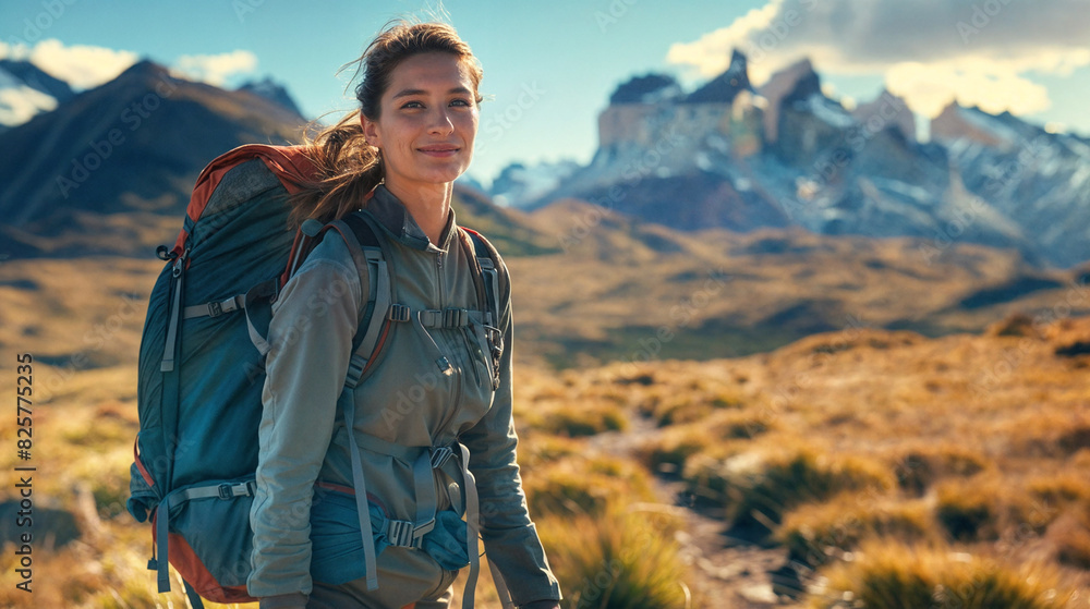A young woman with a backpack is hiking. Walk in the mountains. Vacation in nature. Camping holidays A young woman with a backpack is hiking. Walk in the mountains. Vacation in nature. Camping holidays