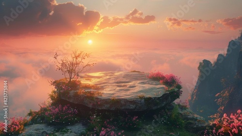 An ethereal landscape painting of a rocky outcropping overlooking a vast sea of clouds