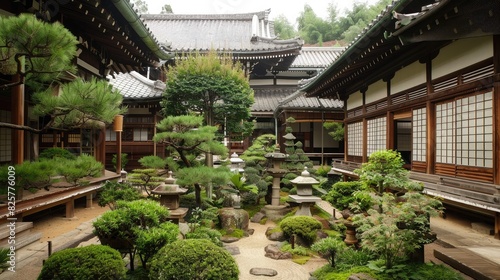 A traditional Japanese temple courtyard with wooden architecture and carefully manicured gardens, exuding serenity.