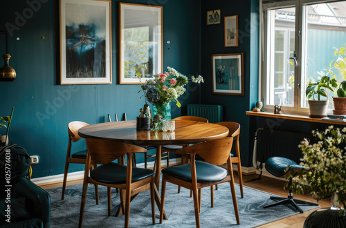 A dining room with blue walls  wooden table and chairs in an apartment with modern interior design