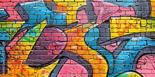 A perspective view of a brick wall adorned with vibrant graffiti art, highlighting colorful and creative street art against the rough brick texture. 