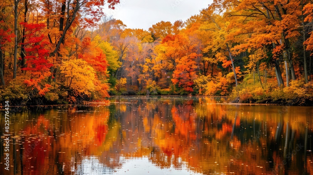 A tranquil pond surrounded by trees ablaze with fall colors, offering a reflective oasis in the leafy season. A tranquil pond surrounded by trees ablaze with fall colors, offering a reflective oasis in the leafy season.