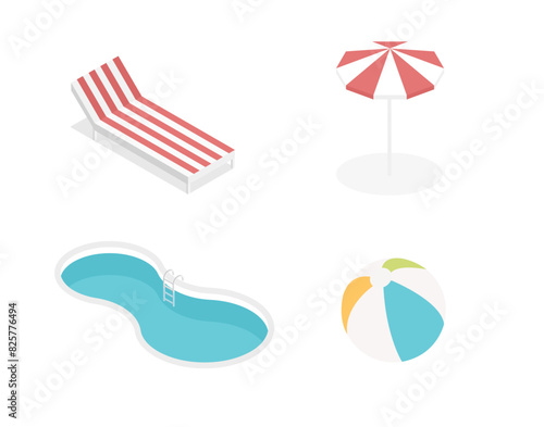 Isometric set icons of summer pool holiday. Swimming pool, umbrella. Vector illustration isolated on white background