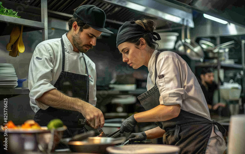 two chefs in a professional kitchen, one woman and the other man preparing food together.